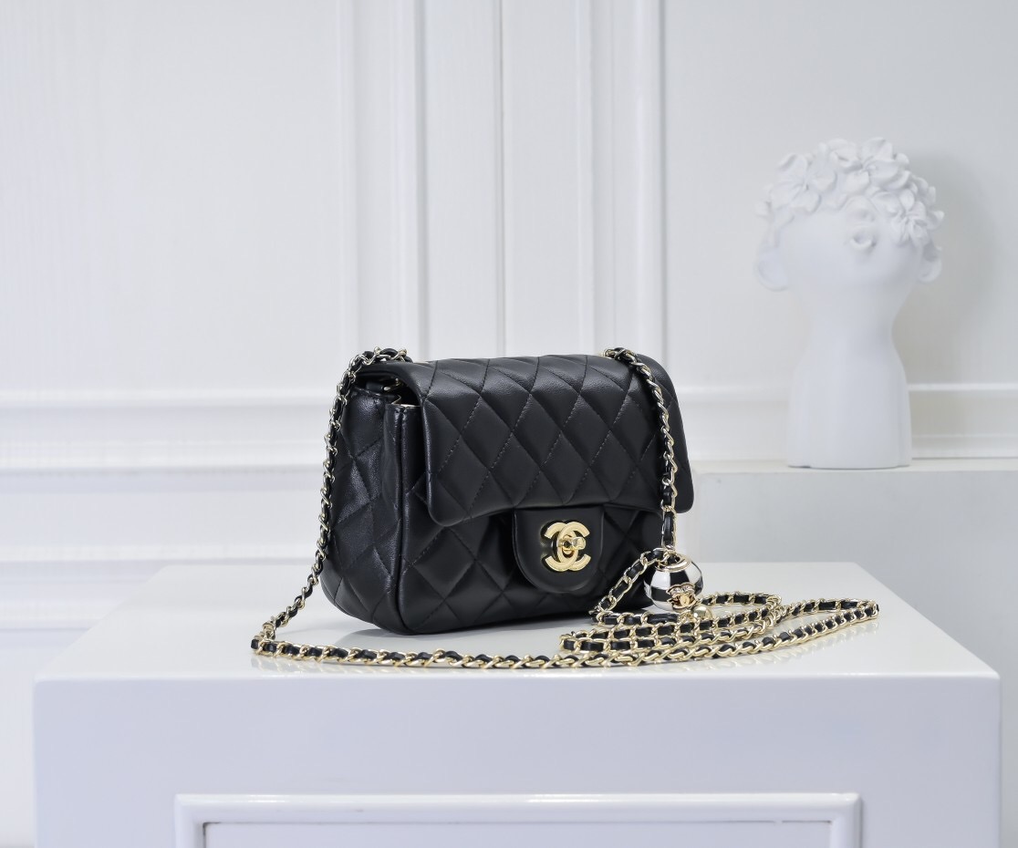 CC Inspired Classic Flag Bag CC Pearl Crush Mini Square Flap Bag Black Calfskin Antique Gold Hardware - Bag - Gorchic - $130.99