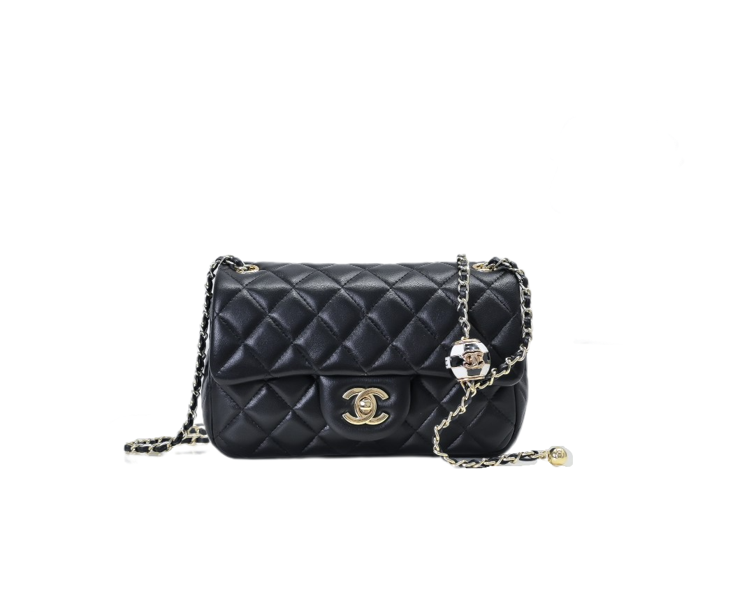 CC Inspired Classic Flag Bag CC Pearl Crush Mini Square Flap Bag Black Calfskin Antique Gold Hardware - Bag - Gorchic - $130.99