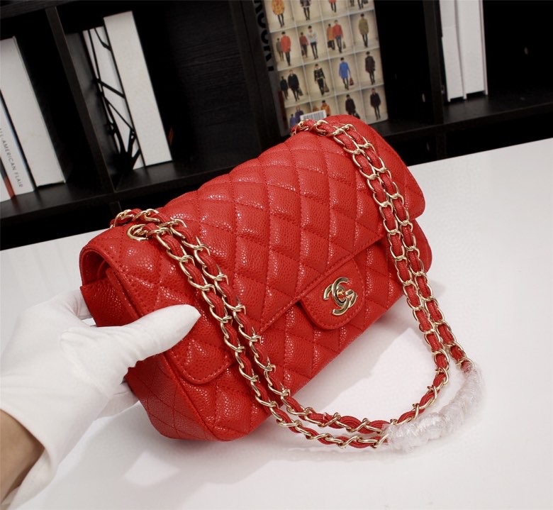 CC Inspired Classic Double Flap Bag Red Caviar Golden Hardware - Bag - Gorchic - $122.99