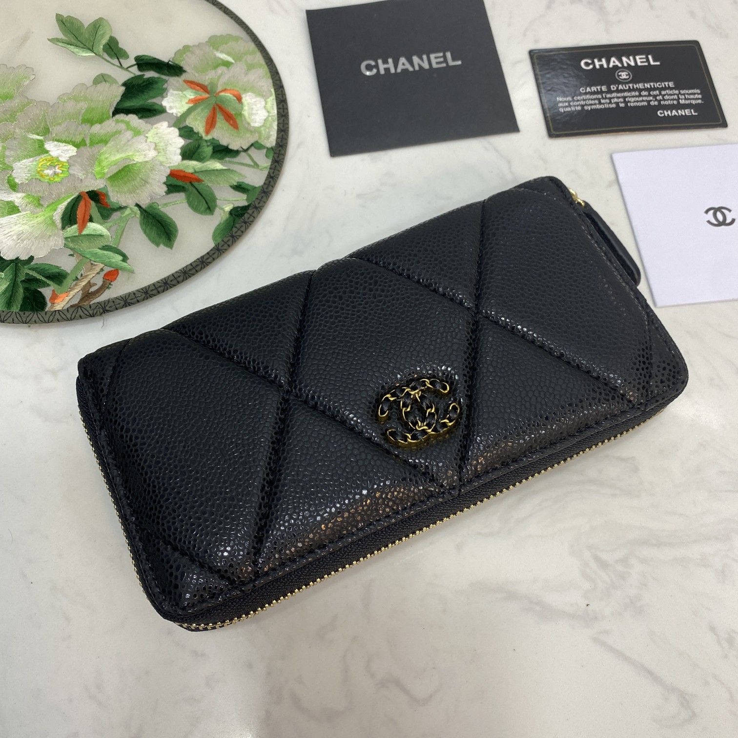 CC Inspired Boy Zip Around Wallet Quilted Caviar Long-Fishseed Pattern Gold Wallet - Gorchic - $52.99