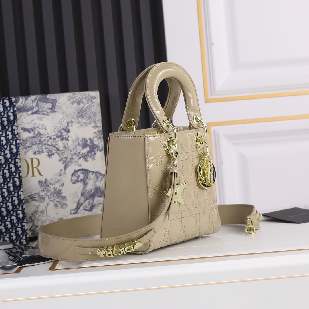 D Inspired Small Lady D Inspired Bag Powder Sand-Colored Patent Cannage Calfskin Golden Hardware - Bag - Gorchic - $144.99