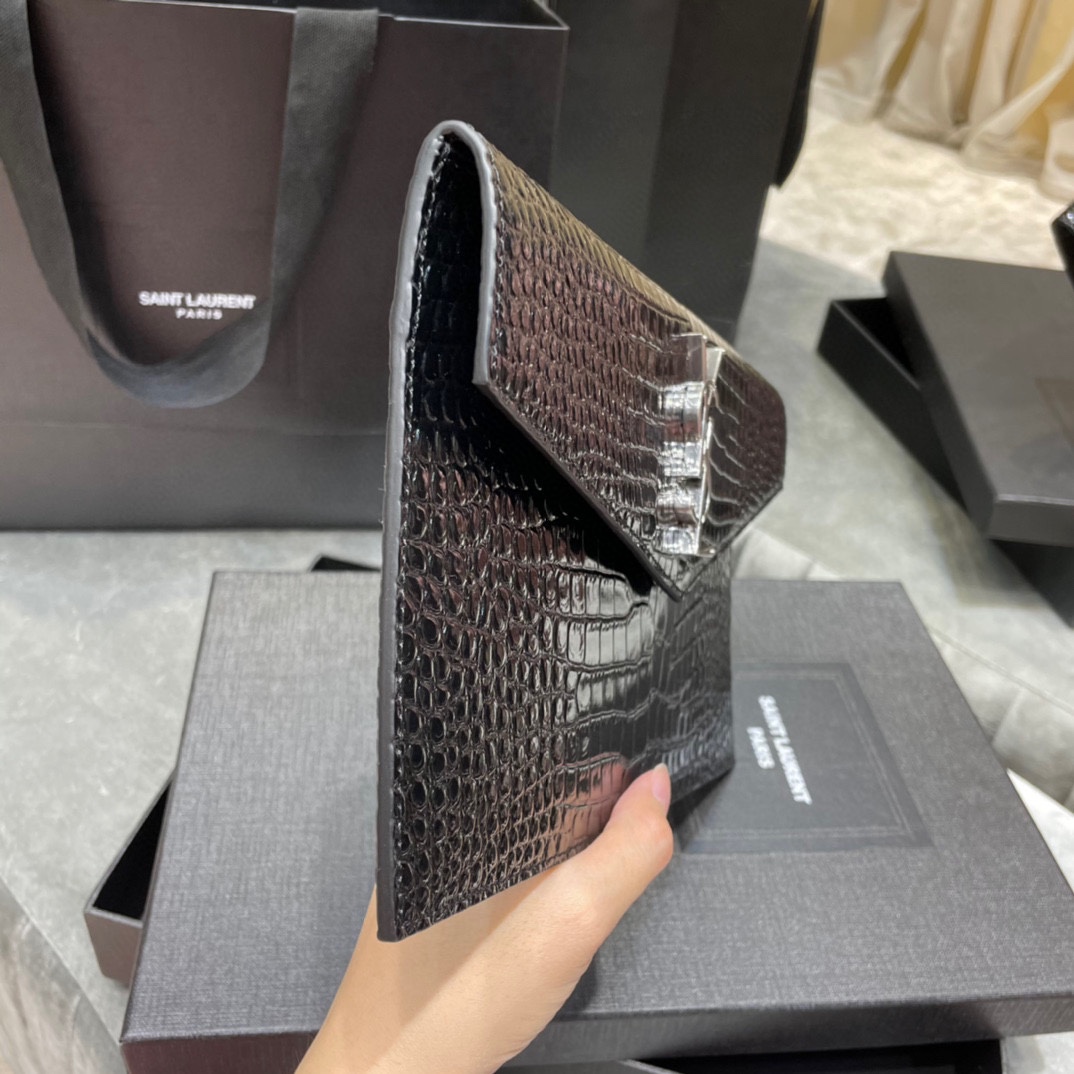 Lady Designer Uptown  POUCH IN CROCODILE-EMBOSSED SHINY LEATHER BLACK-Sier hardware - Bag - Gorchic - $122.99