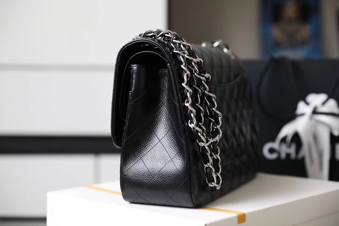 CC Inspired Classic Flag Bag Jumbo Classic Double Flap Bag Black Caviar Sliver Hardware - Bag - Gorchic - $125.99
