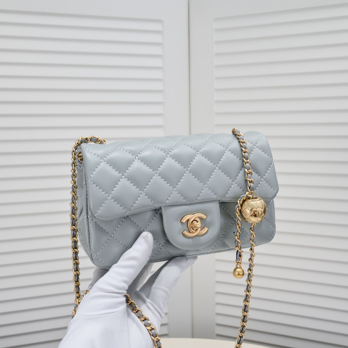 CC Inspired Classic Flag Bag Pearl Crush Mini Rectangular Flap Bag Light Blue Calfskin Antique Gold Hardware - Bag - Gorchic - $117.99