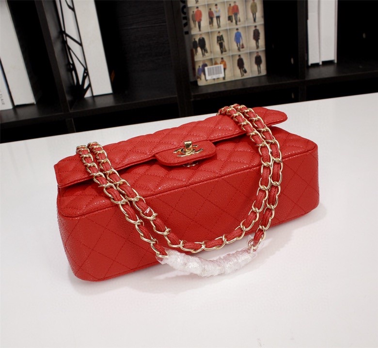 CC Inspired Classic Double Flap Bag Red Caviar Golden Hardware - Bag - Gorchic - $122.99