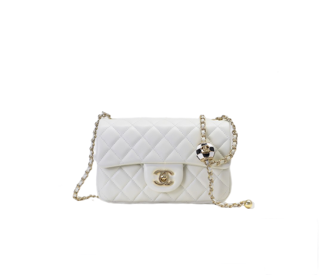CC Inspired Classic Flag Bag Pearl Crush Mini Square White Calfskin Light Gold Hardware - Bag - Gorchic - $127.99