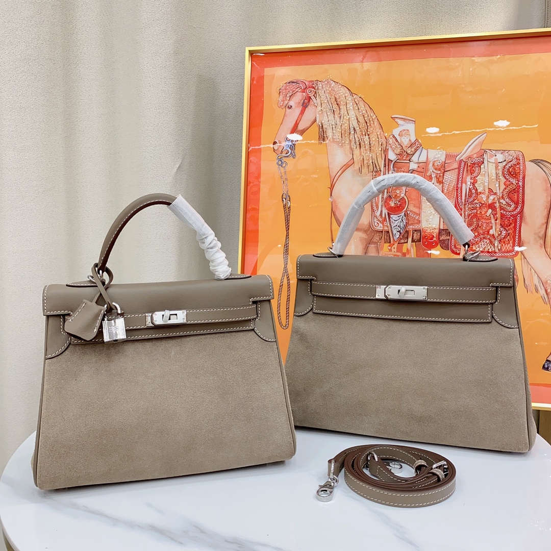 H-Inspired Kelly Haze Gray Suede - Handbags - Gorchic - $230.99