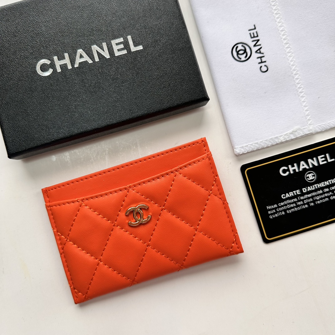 CC Inspired CLASSIC CARD HOLDER Grained Calfskin Orange Wallet - Gorchic - $37.99