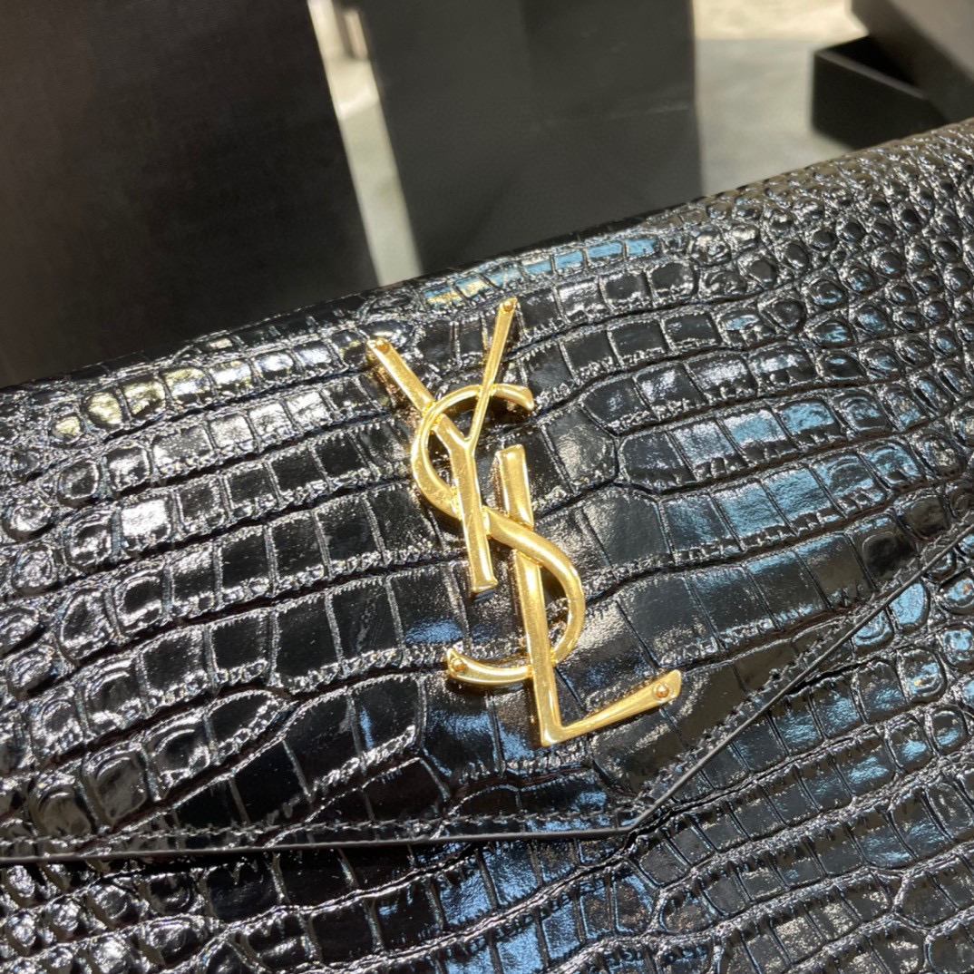 Lady Designer Uptown  POUCH IN CROCODILE-EMBOSSED SHINY LEATHER BLACK-Gold hardware - Bag - Gorchic - $122.99