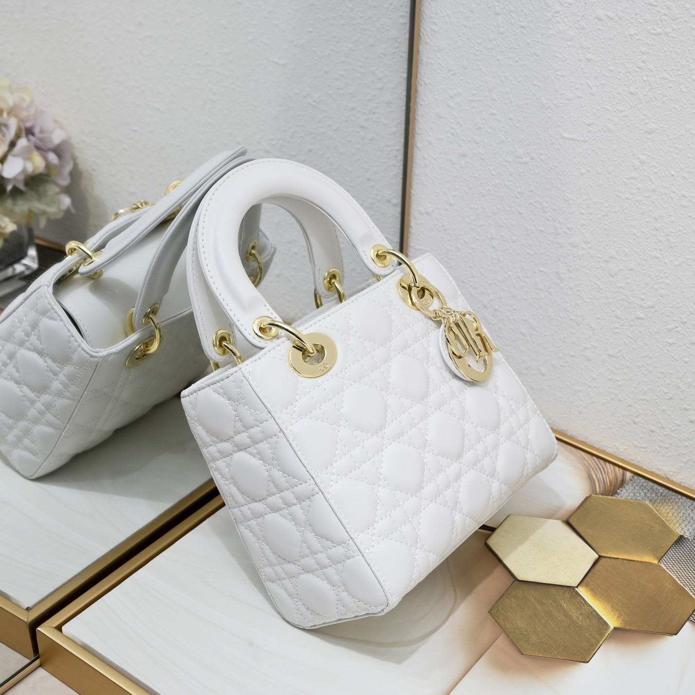 D Inspired Small Lady D Inspired Bag White Cannage Calfskin Golden Hardware - Bag - Gorchic - $144.99