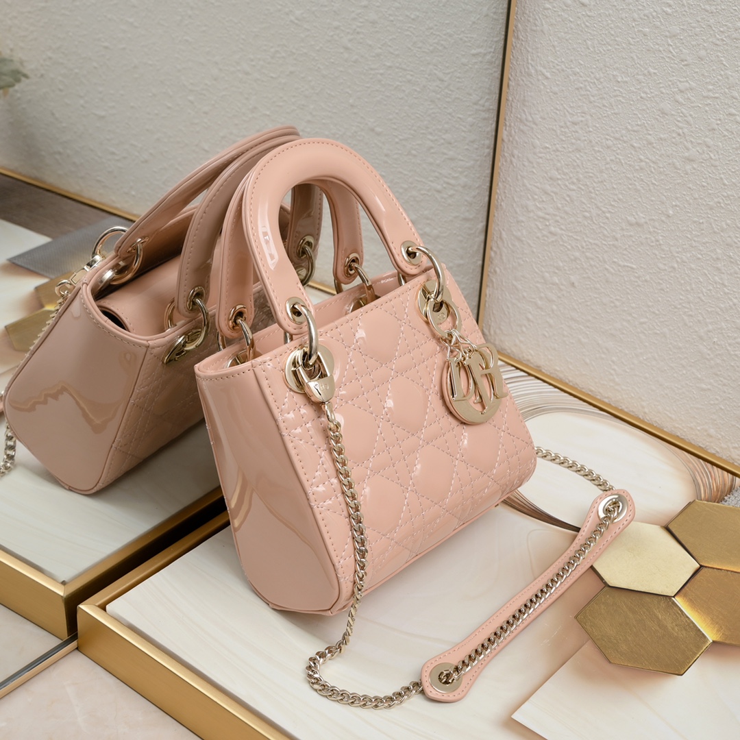 D Inspired Mini Lady D Inspired Bag Powder Pink Patent Cannage Calfskin Golden Hardware - Bag - Gorchic - $138.99