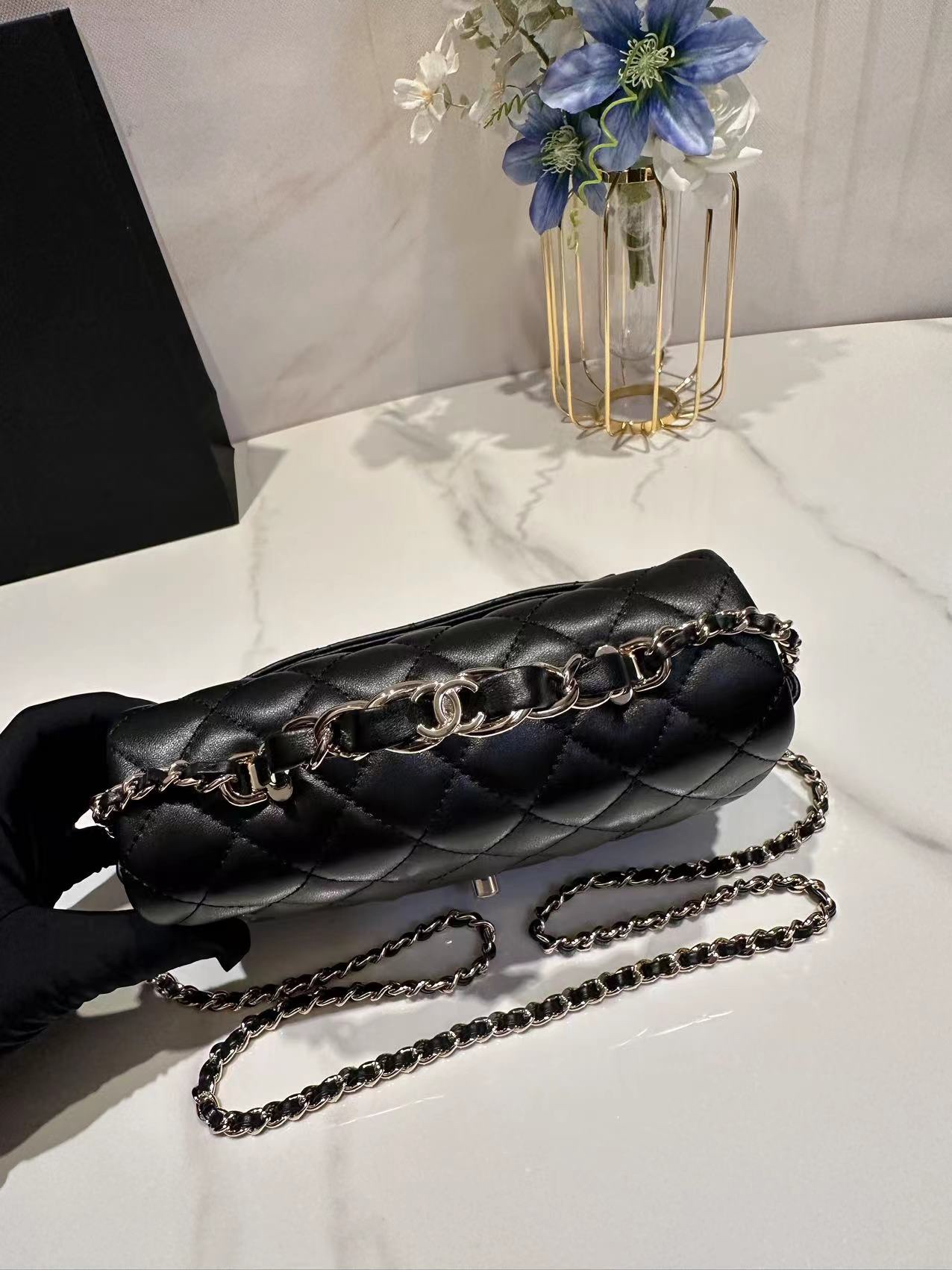 CC Inspired Lambskin Quilted Mini Top Handle Rectangular Flap Black Sier Hardwear Bag - Gorchic - $152.99