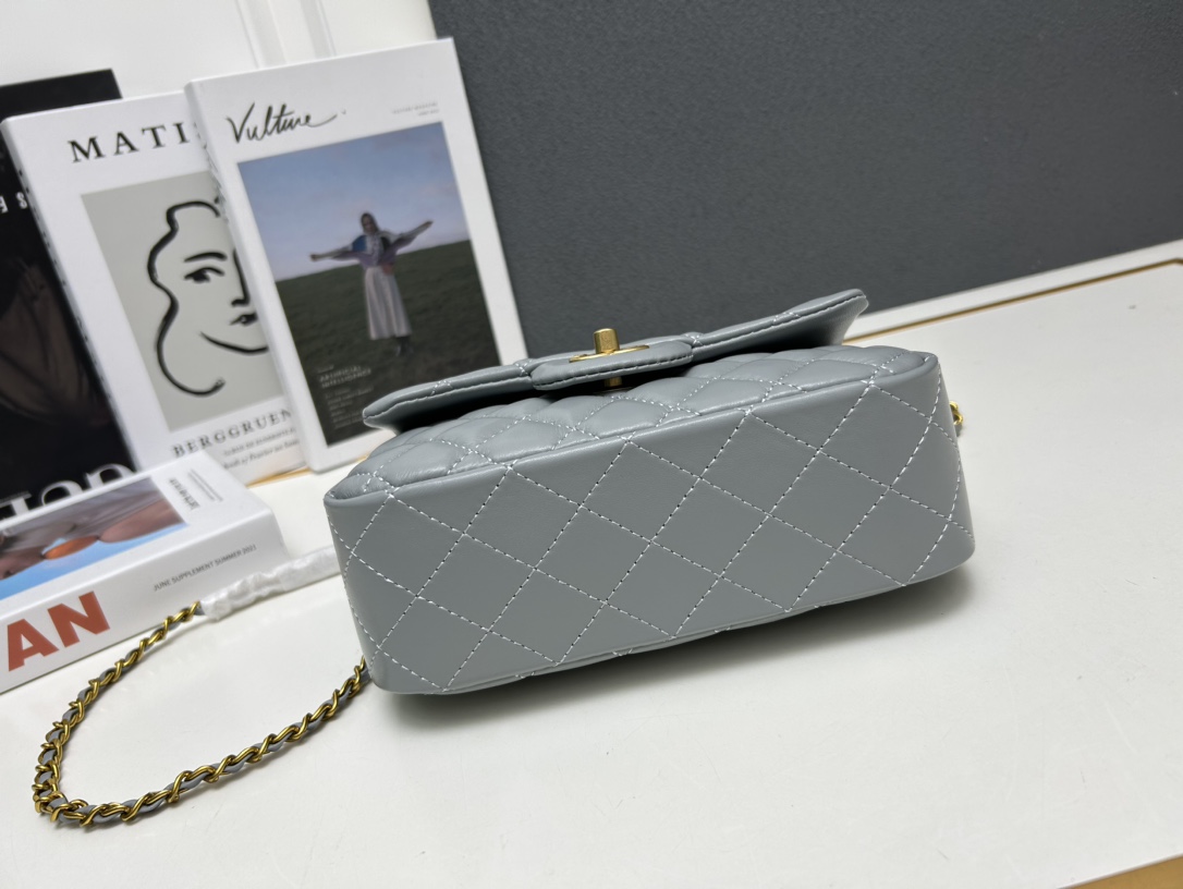 CC Inspired Mini Square Pearl Flap Bag Grey Leather Gold Hardware - Gorchic - $132.99