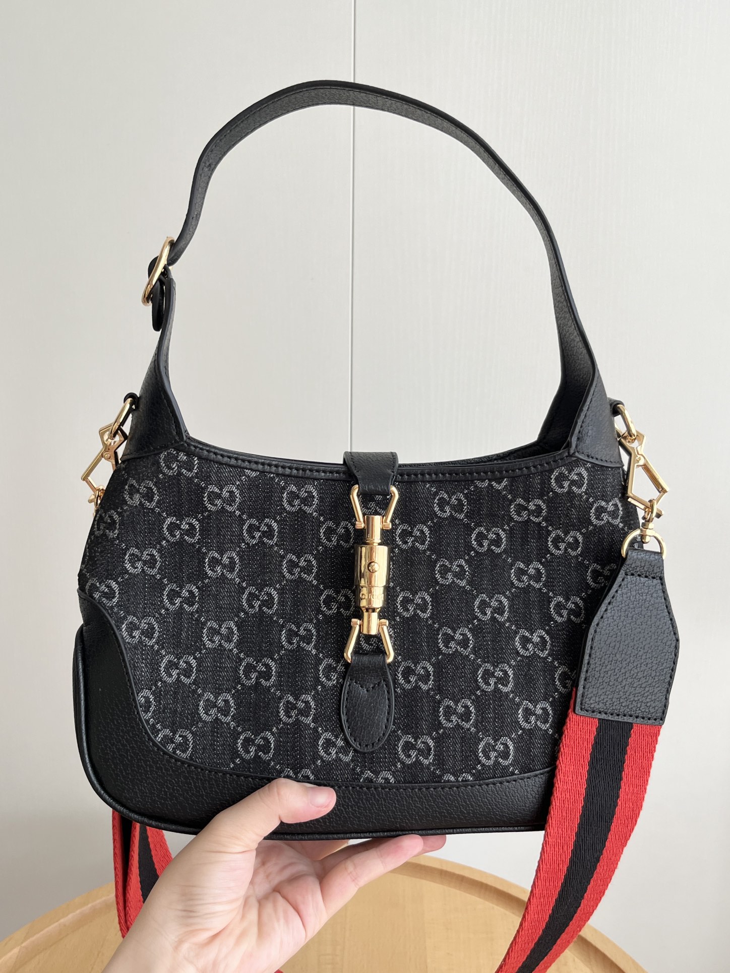 Double-G Small Jackie 1961 Bag in Horsebit Black Denim and GHW - Bag - Gorchic - $124.99