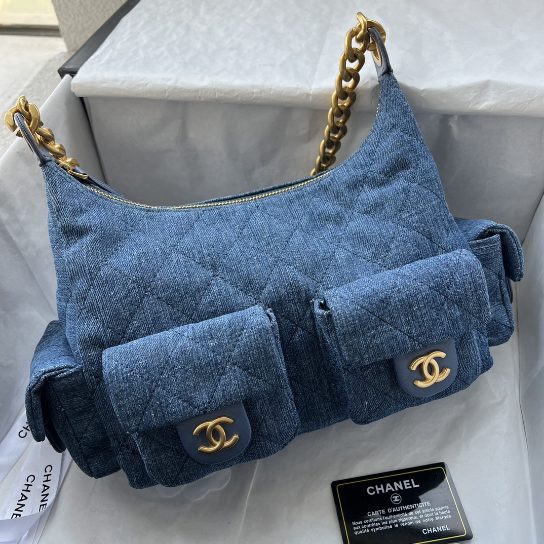 Double-G Hobo Washed Denim And Gold-Tone Metal  Blue Bag - Gorchic - $127.99