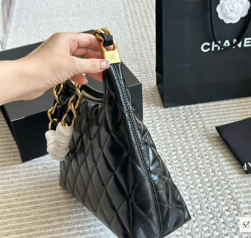 CC Inspired 24A hobo Bag Shiny Calfskin & Gold-Tone Metal Black - Bag - Gorchic - $124.99