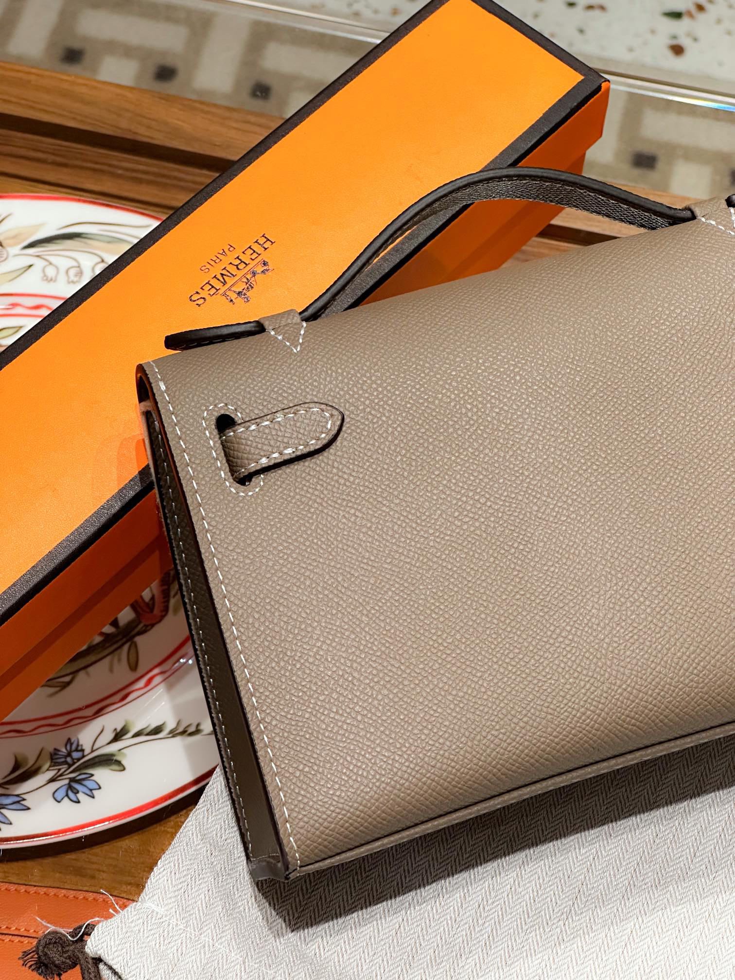 H-Inspired Kelly Mini 1st Kelly Pochette Generation Epsom Palm Leather-Elephant Grey - Gorchic - $146.99