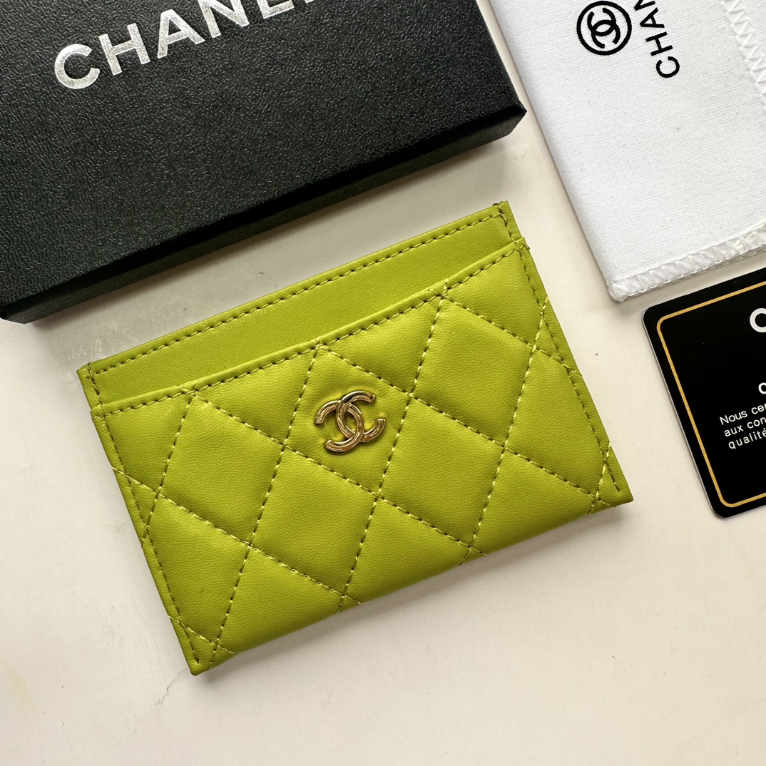 CC Inspired CLASSIC CARD HOLDER Grained Shiny Calfskin & Gold-Tone Metal Green -Wallet - Gorchic - $37.99