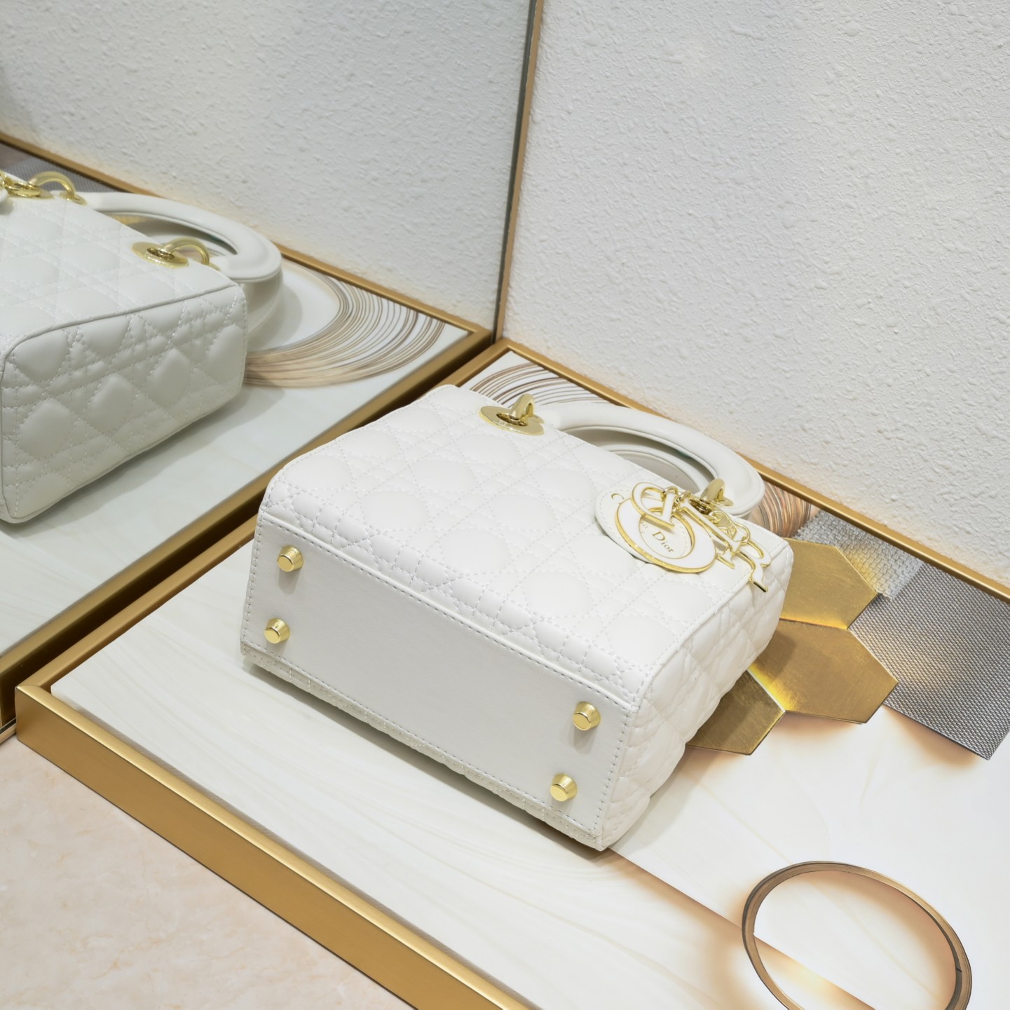 D Inspired Small Lady D Inspired Bag White Cannage Calfskin Golden and White Paint Hardware - Bag - Gorchic - $144.99