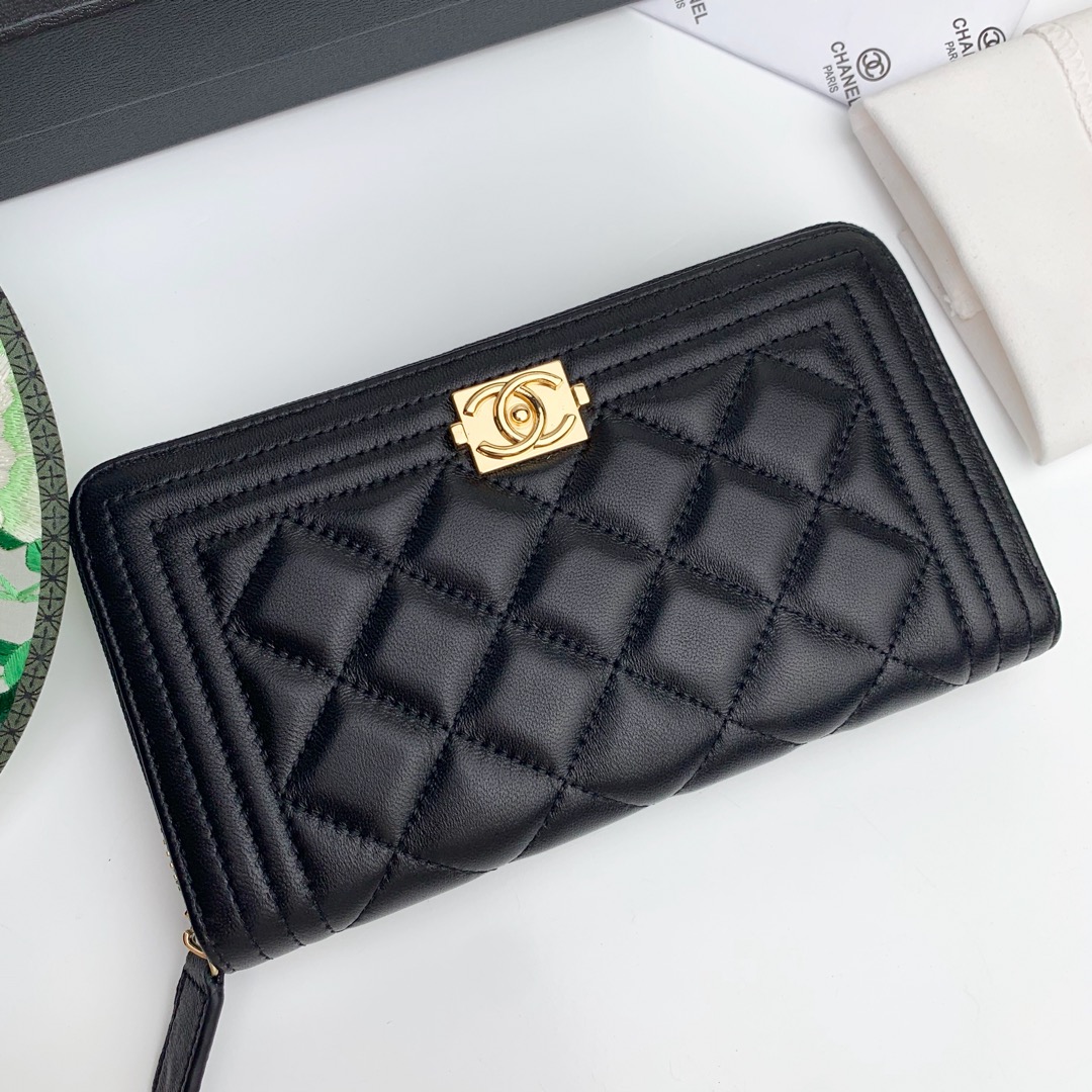 CC Inspired Zip Around Wallet Quilted Caviar Long-Plain Gold Wallet - Gorchic - $52.99
