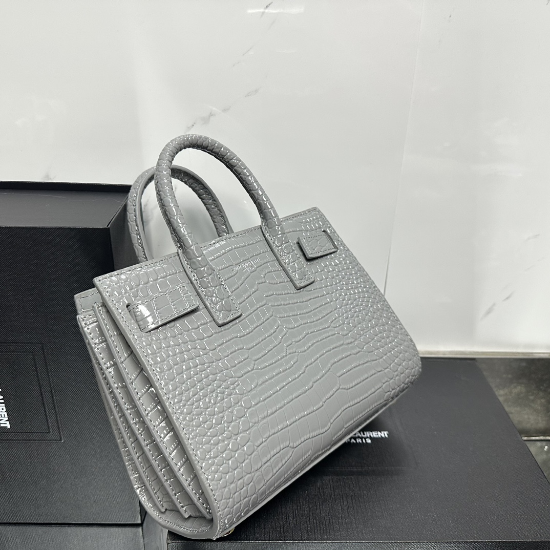 Lady Designer Grey Croc Embossed Leather Nano Classic Sac De Jour Tote - Bag - Gorchic - $175.99