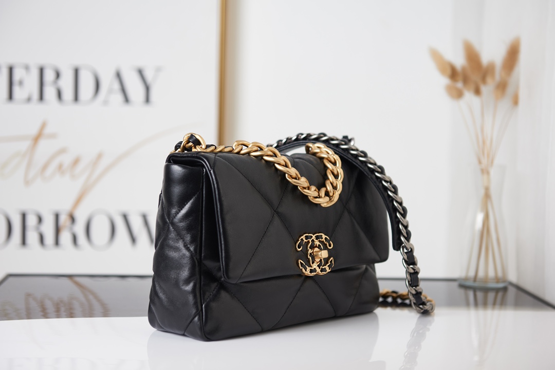 CC Inspired Calfskin Quilted Large CC Inspired 19 Flap Black -Golden - Bag - Gorchic - $121.99