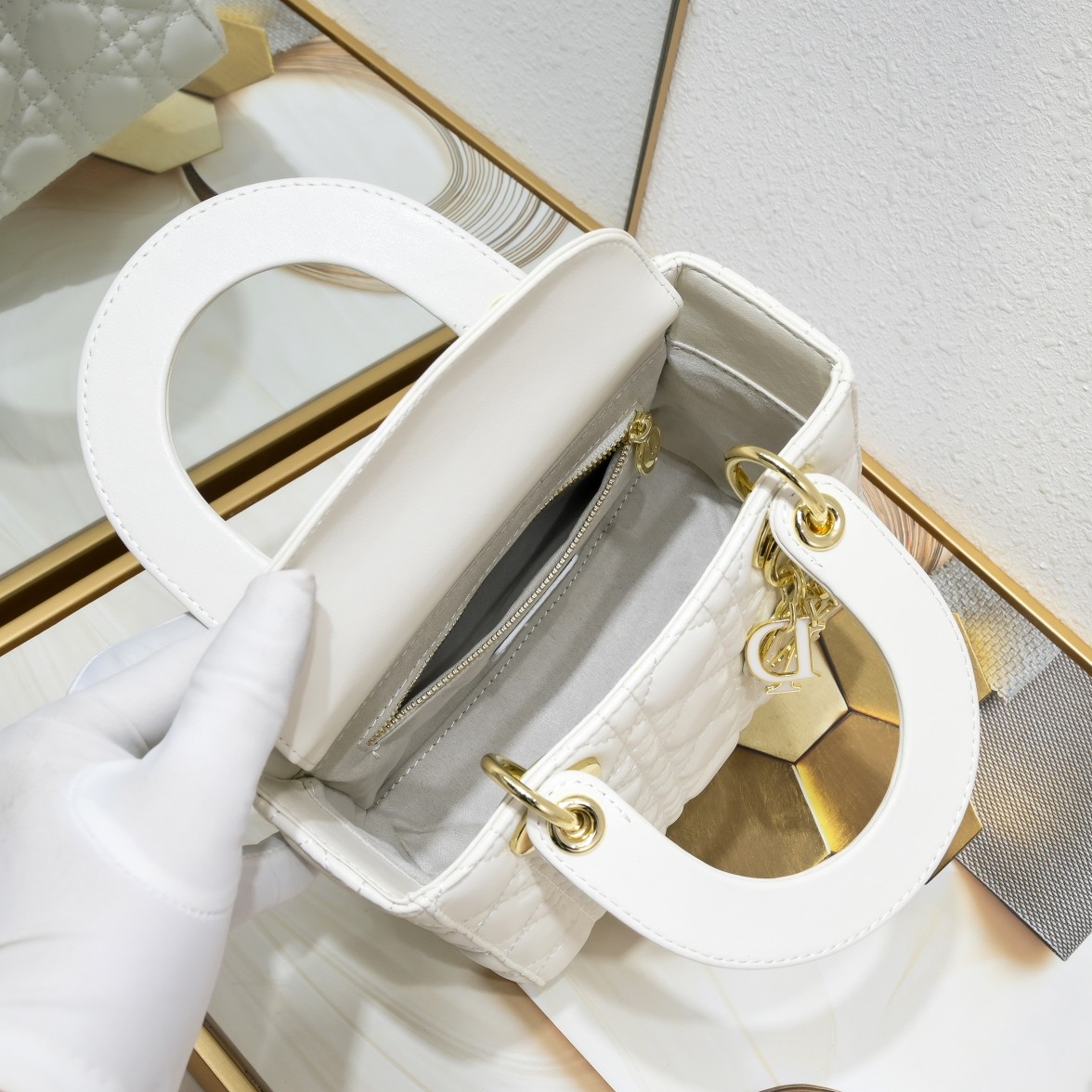 D Inspired Small Lady D Inspired Bag White Cannage Calfskin Golden and White Paint Hardware - Bag - Gorchic - $144.99