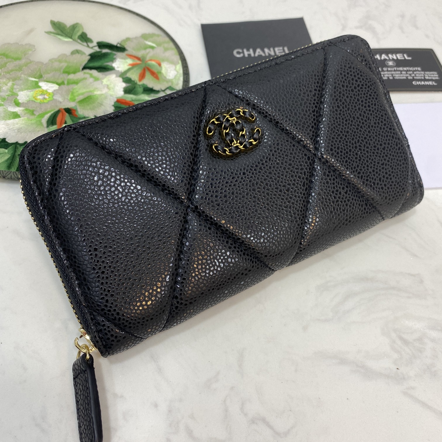 CC Inspired Boy Zip Around Wallet Quilted Caviar Long-Fishseed Pattern Gold Wallet - Gorchic - $52.99