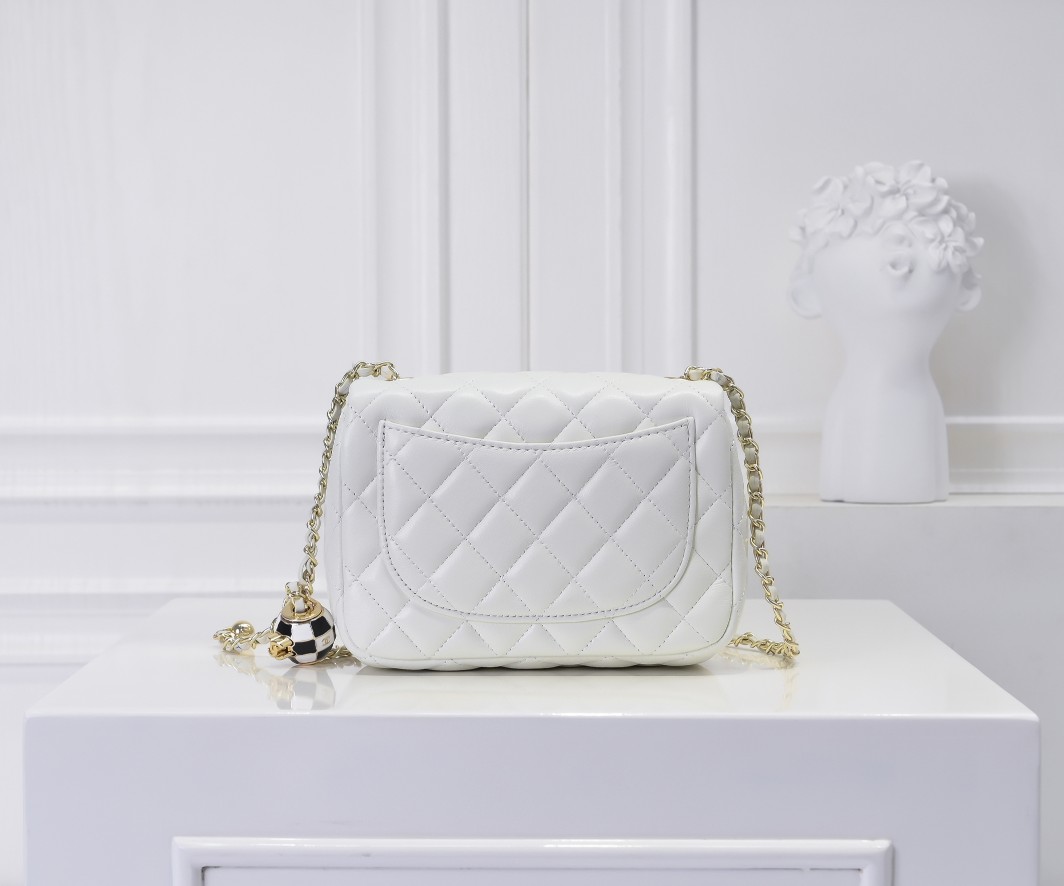 CC Inspired Classic Flag Bag Pearl Crush Mini Square White Calfskin Light Gold Hardware - Bag - Gorchic - $127.99