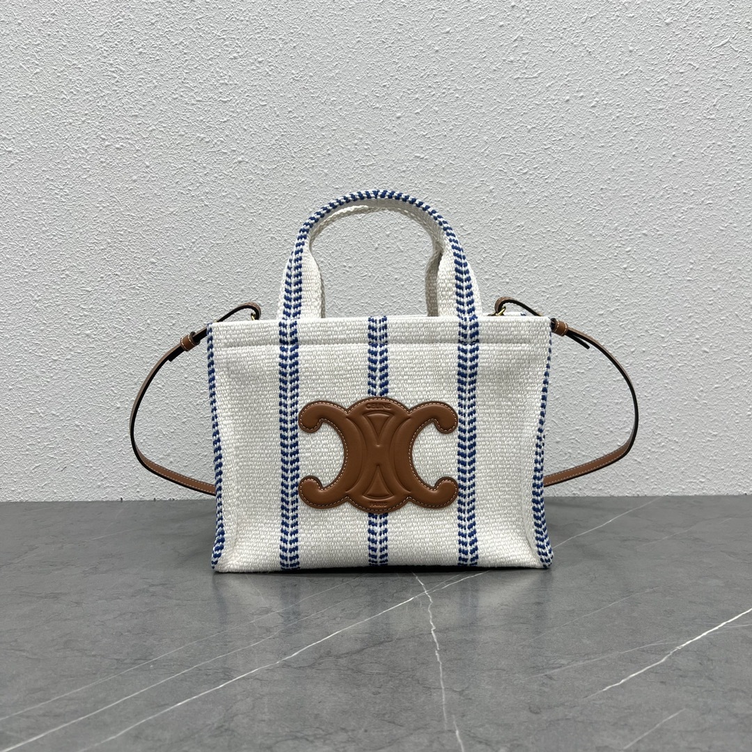 CL Small Cabas Thais Bag In Striped Fabric and Calfskin White Blue Brown Bag - Gorchic - $146.99
