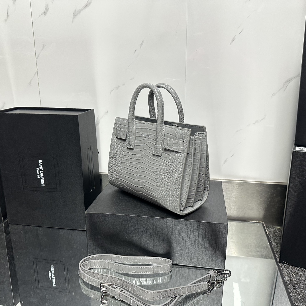 Lady Designer Grey Croc Embossed Leather Nano Classic Sac De Jour Tote - Bag - Gorchic - $175.99