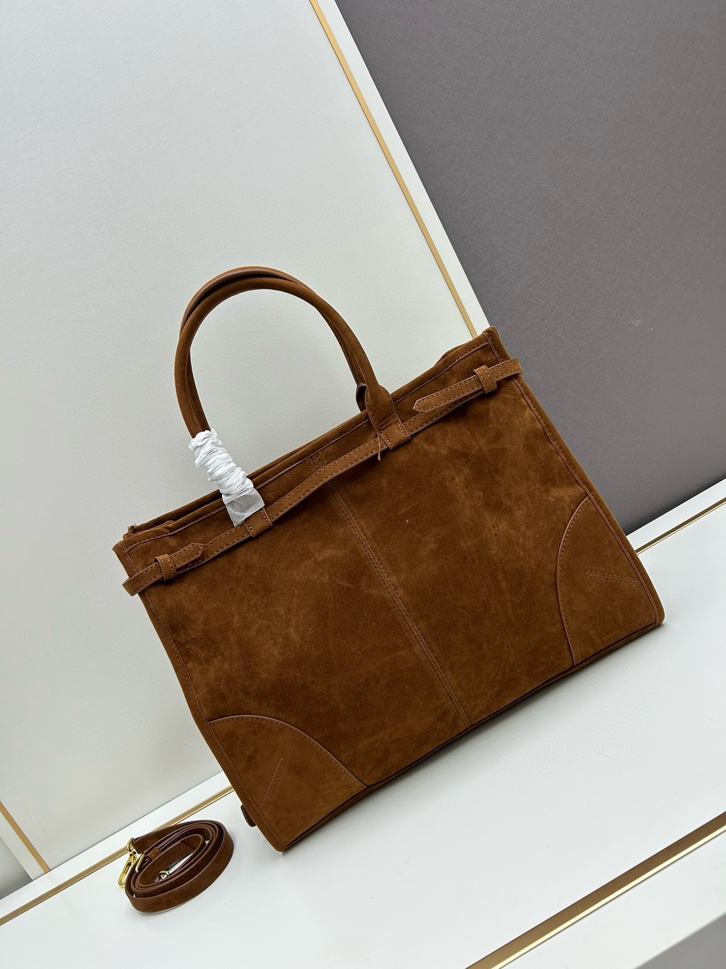 Saffiano texture Large Suede Brown handbag - Gorchic - $136.99