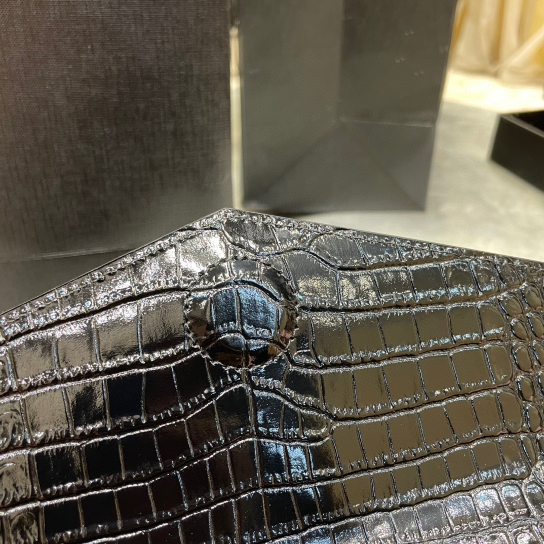 Lady Designer Uptown  POUCH IN CROCODILE-EMBOSSED SHINY LEATHER BLACK-Sier hardware - Bag - Gorchic - $122.99