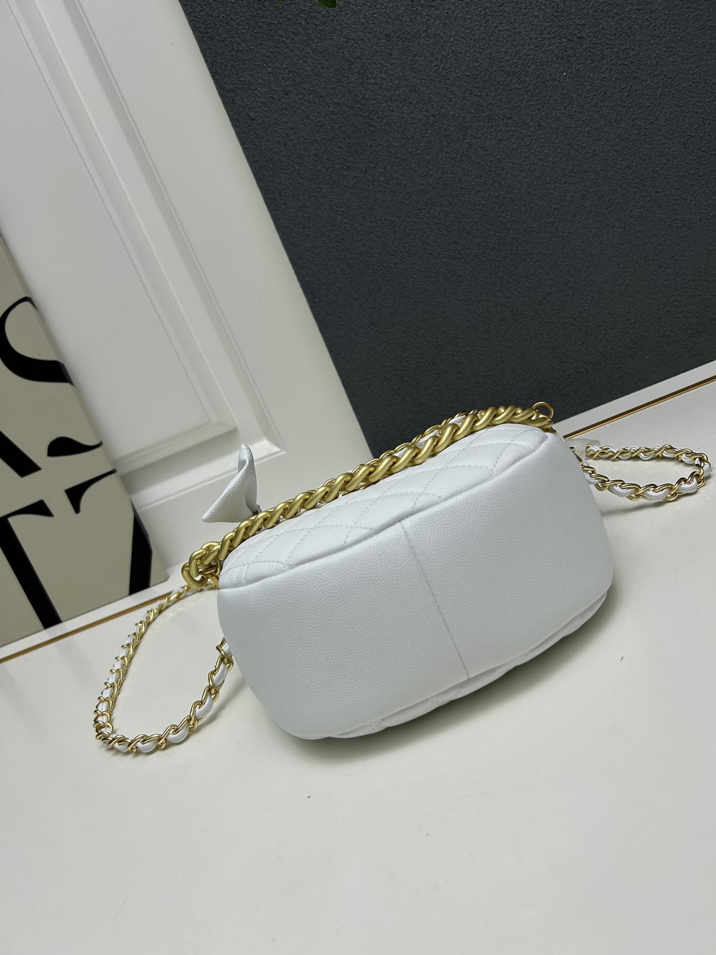 CC Inspired Shiny Caviar Quilted Bow Pouch Hobo White - Gorchic - $145.99