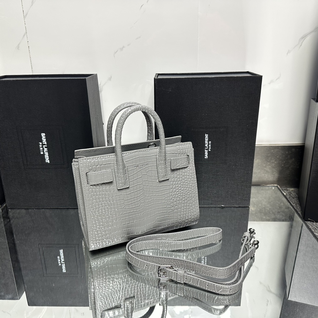Lady Designer Grey Croc Embossed Leather Nano Classic Sac De Jour Tote - Bag - Gorchic - $175.99