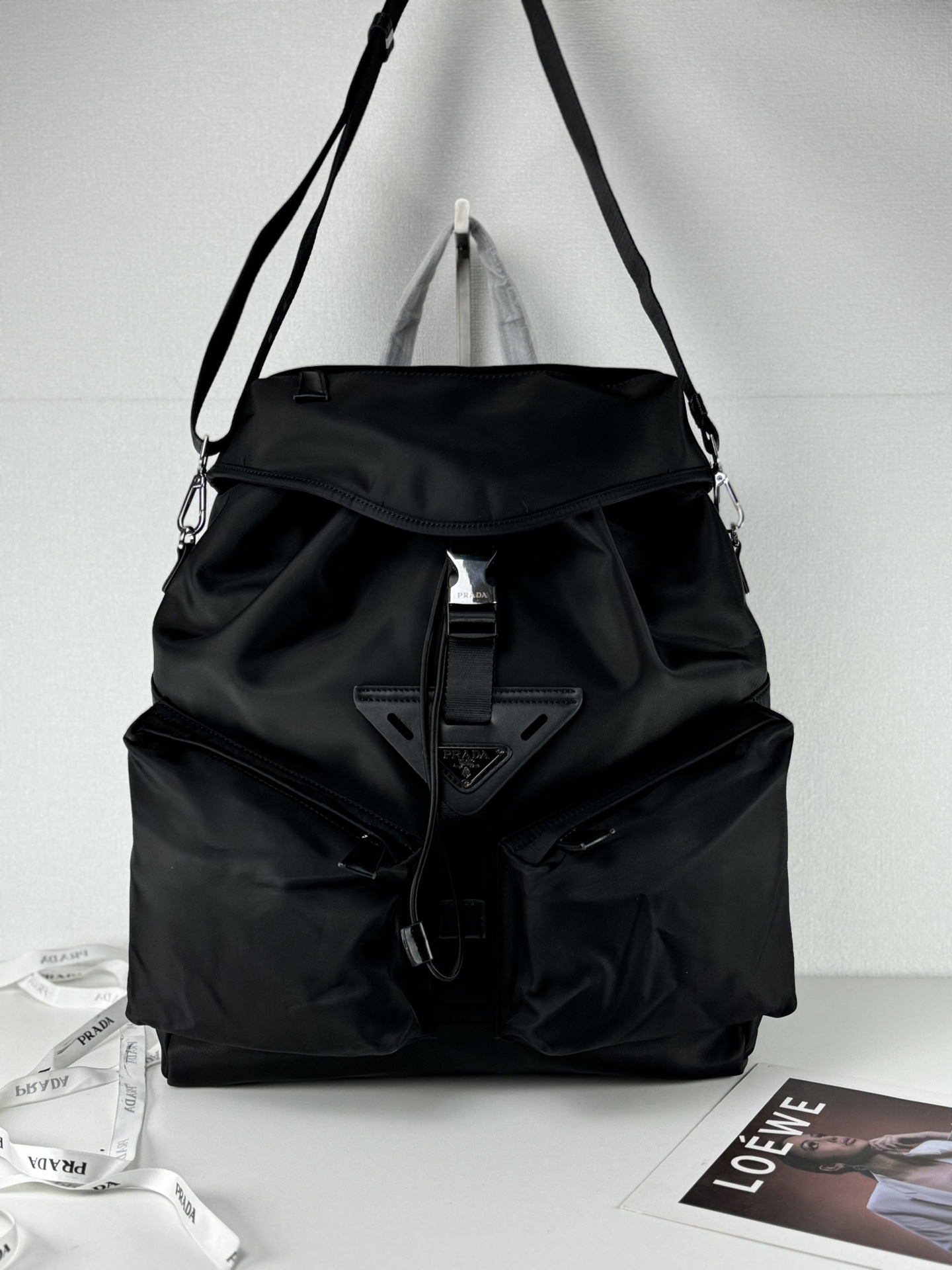 Saffiano texture Re-Nylon and leather backpack Black Bag - Gorchic - $157.99