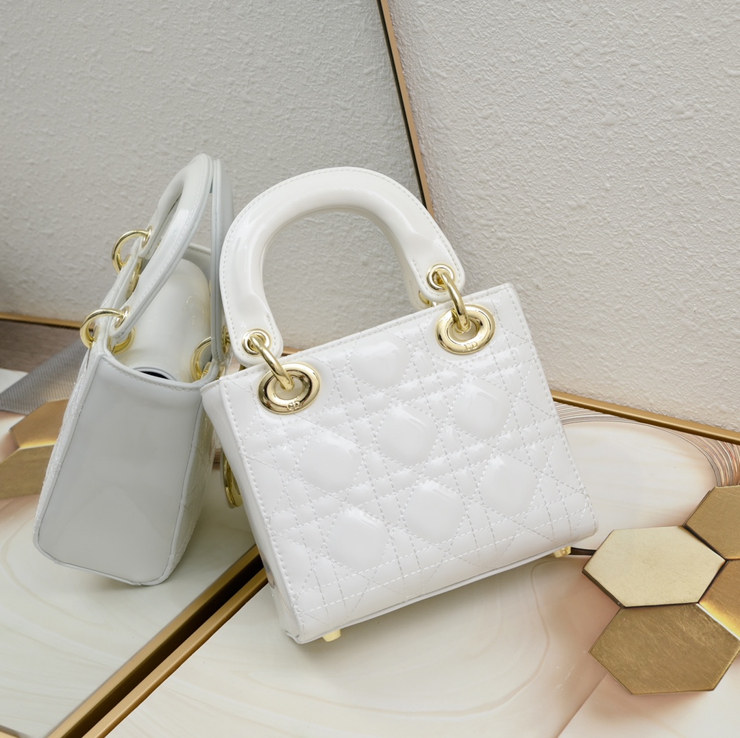 D Inspired Mini Lady D Inspired Bag Powder White Patent Cannage Calfskin Golden Hardware - Bag - Gorchic - $138.99