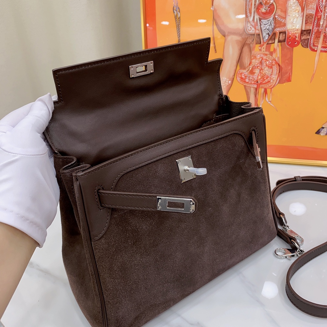 H-Inspired Kelly Haze Coffee Suede - Handbags - Gorchic - $230.99