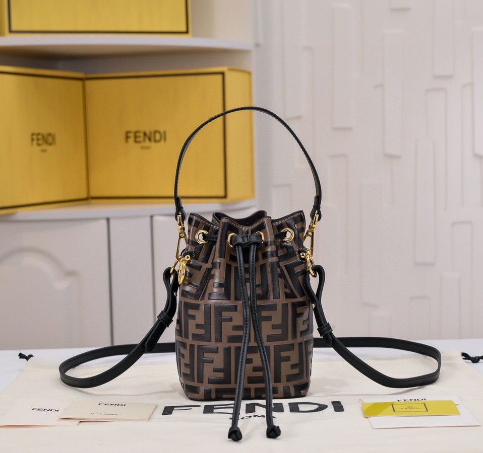 FD Brown/Black Zucca Leather Mini Mon Tresor Drawstring Bucket Bag - Gorchic - $125.99