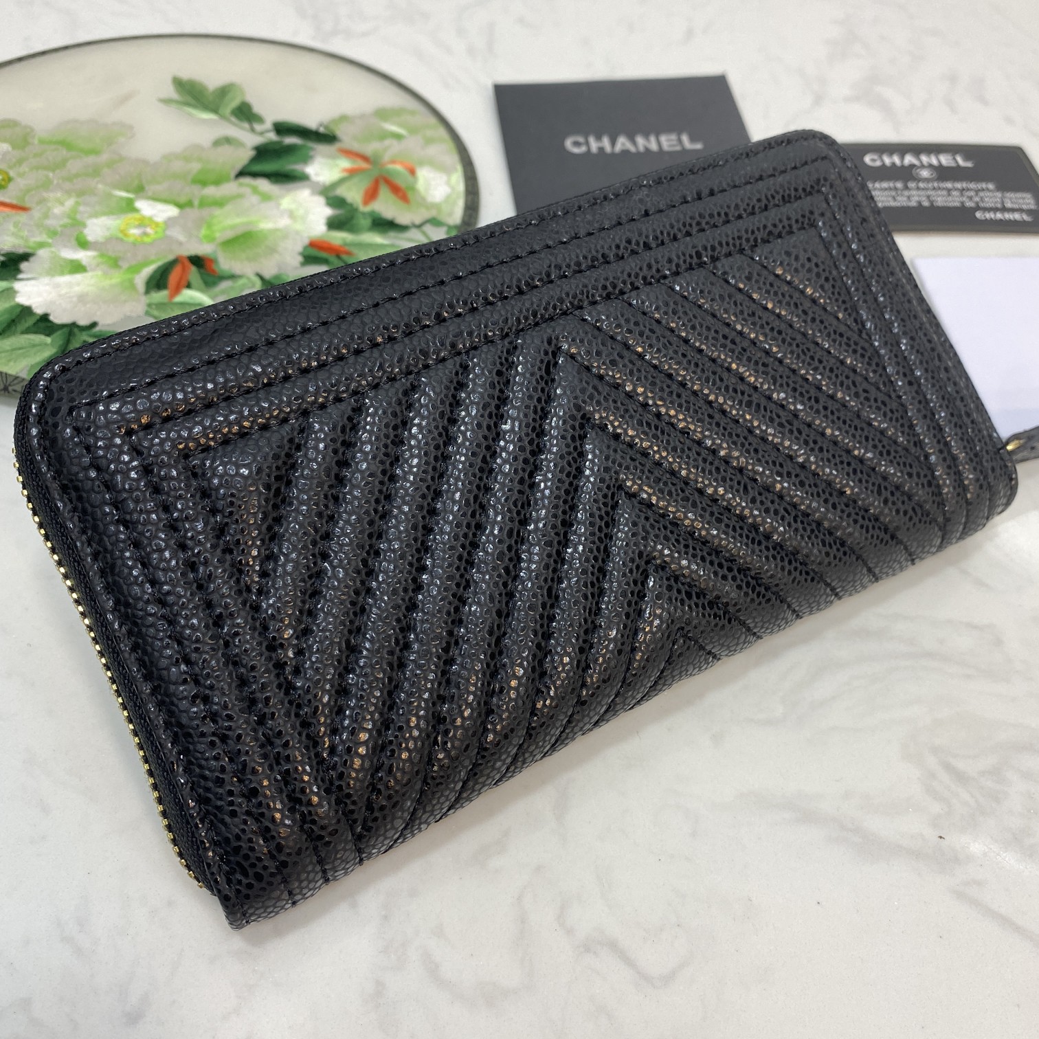CC Inspired Caviar Chevron Quilted Wallet -Fishseed Pattern Gold Wallet - Gorchic - $52.99