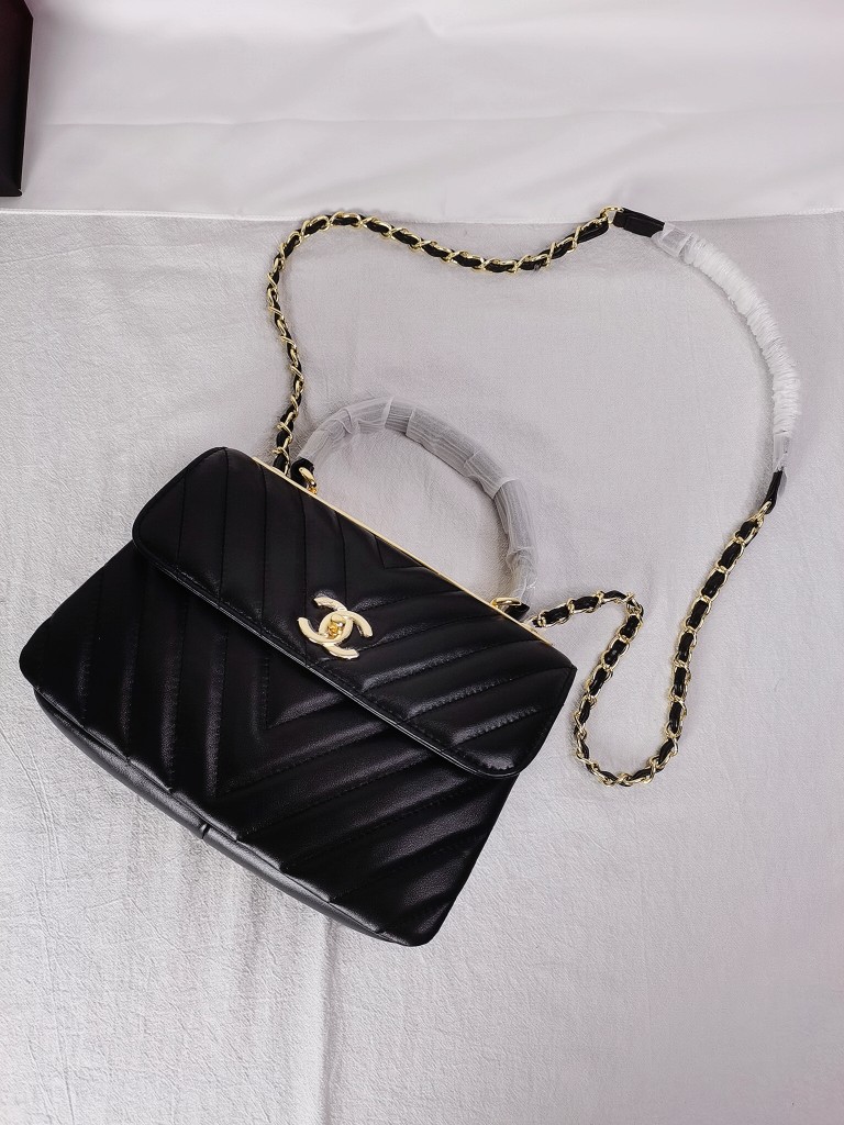 CC Inspired Top Handle Flap Bag Lambskin - Black - Gorchic - $140.99