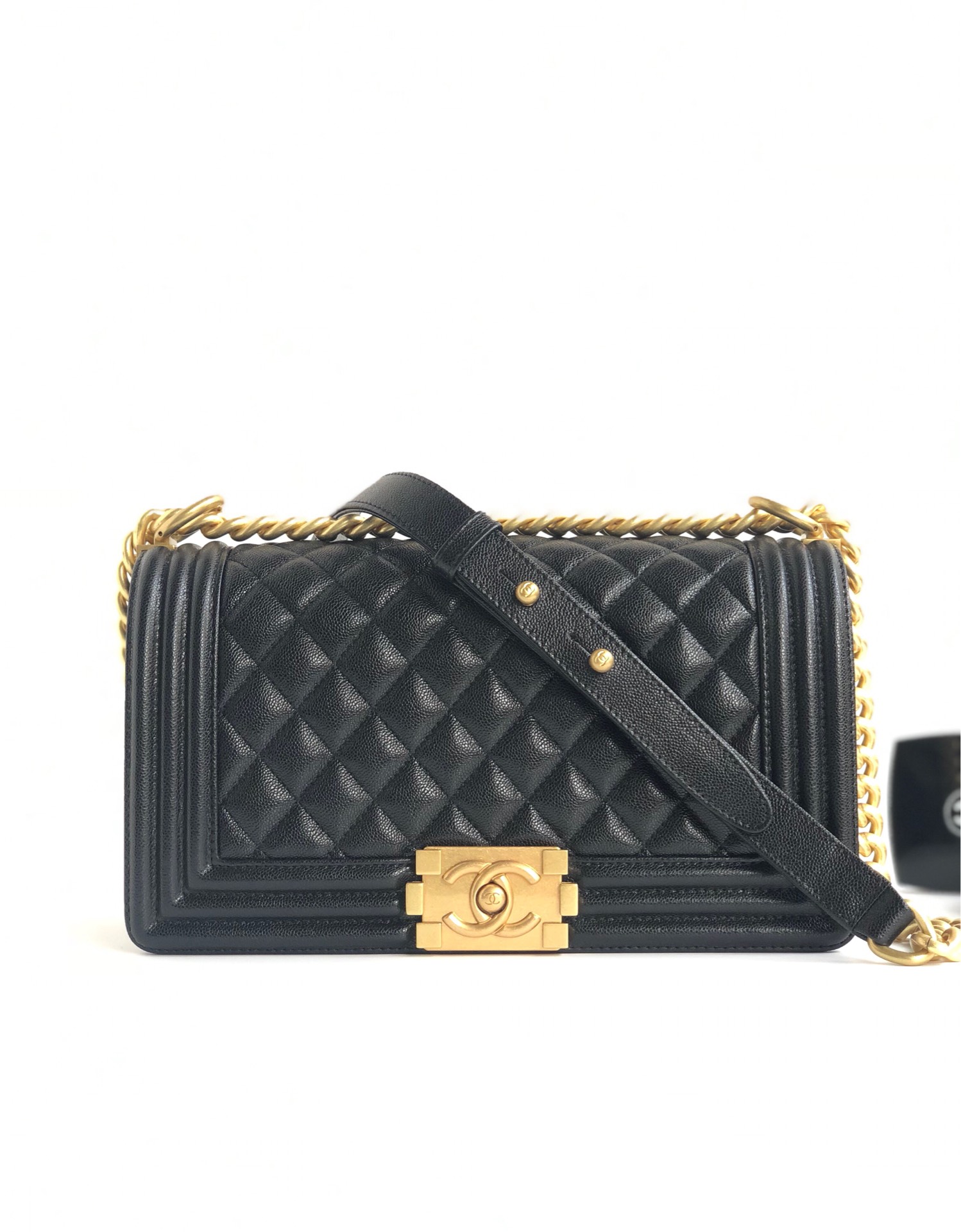 CC Inspired Boy Flap Quilted Calfskin Gold-tone New Medium Black - Gorchic - $167.99