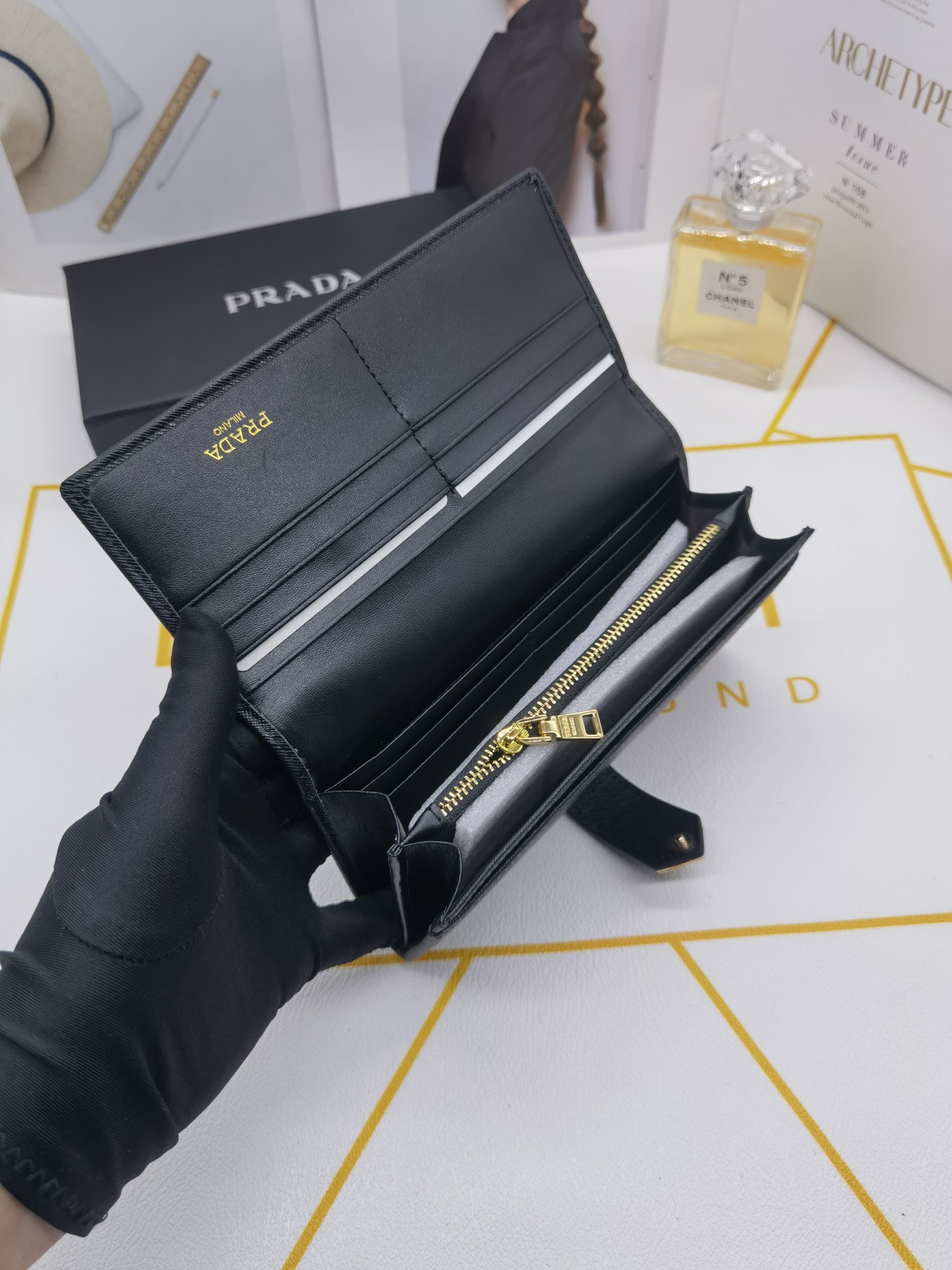 Saffiano texture Saffiano Leather Long Wallet- Black Wallet - Gorchic - $65.99