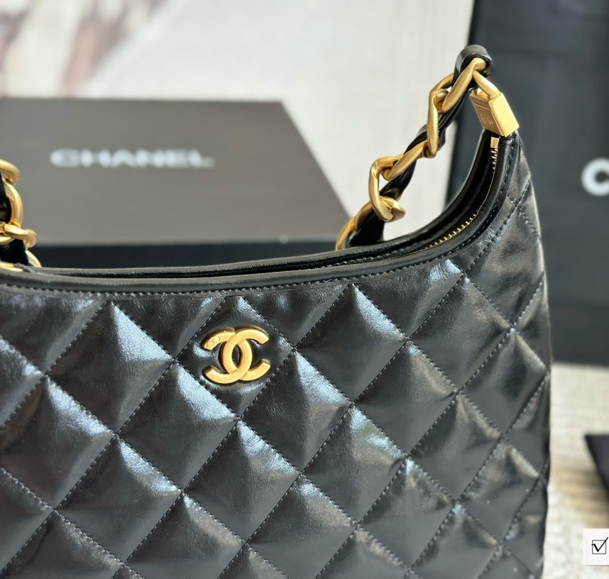 CC Inspired 24A hobo Bag Shiny Calfskin & Gold-Tone Metal Black - Bag - Gorchic - $124.99