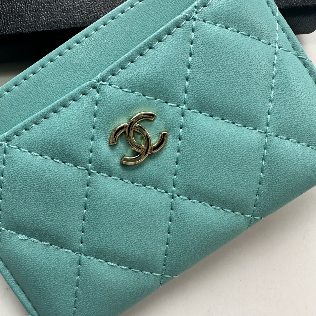 CC Inspired CLASSIC CARD HOLDER Grained Shiny Calfskin & Gold-Tone Metal Light Blue -Wallet - Gorchic - $37.99