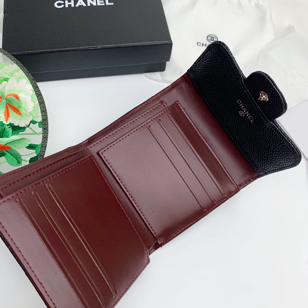 CC Inspired Flap Compact Wallet Quilted Caviar Gold-tone Black - Gorchic - $85.99