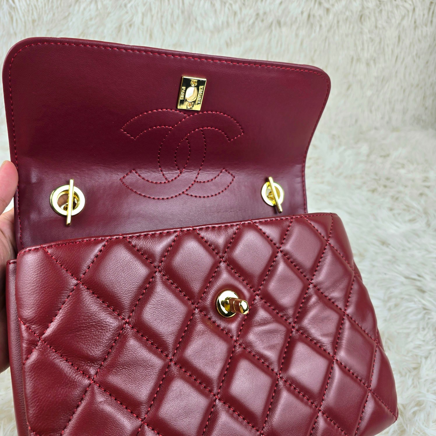 CC Inspired Top Handle Flap Bag Lambskin - Wine - Gorchic - $140.99