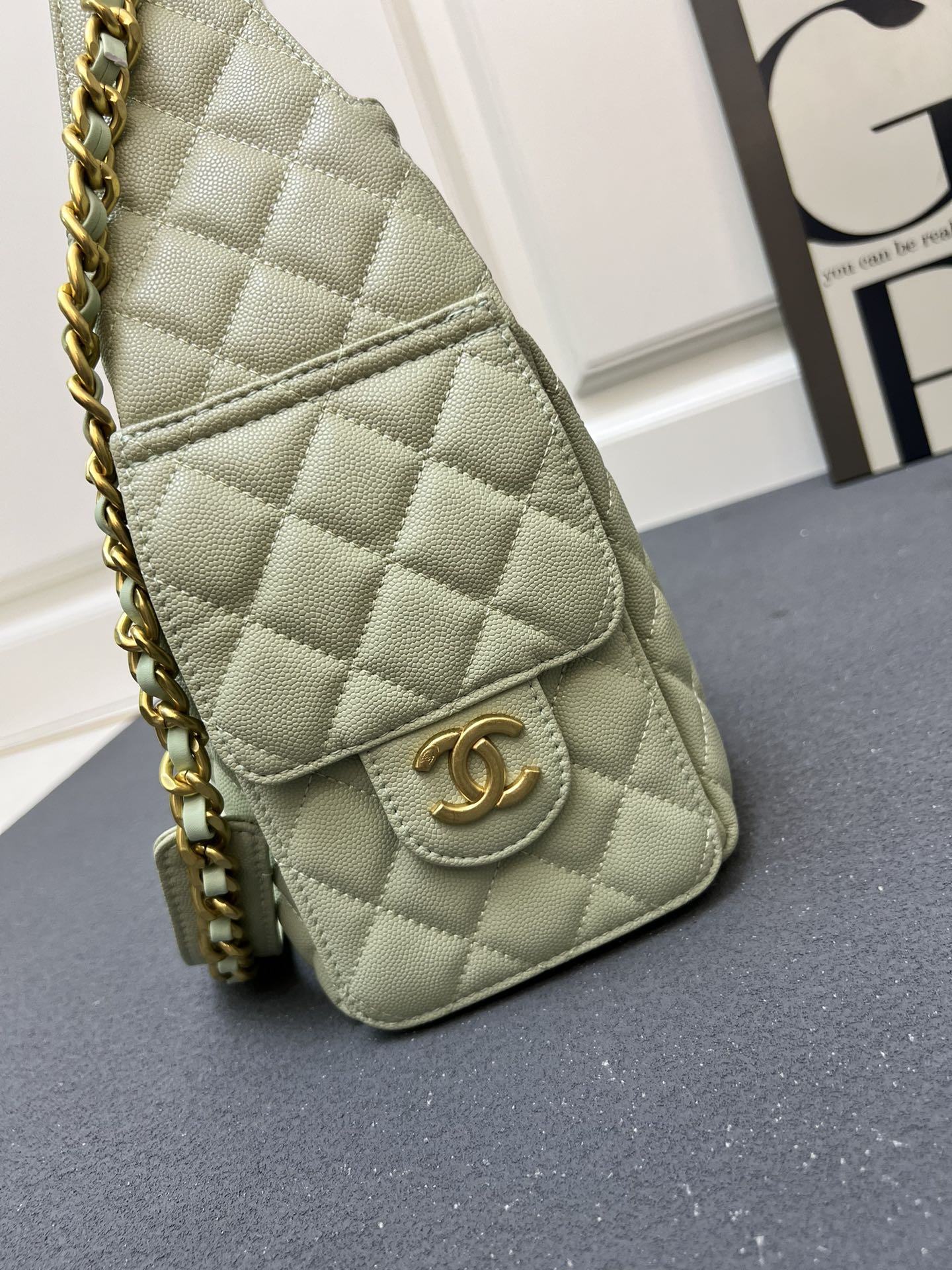 CC Inspired 25 Small Handbag Grained Calfskin & Gold-Tone Metal Light Green - Bag - Gorchic - $152.99