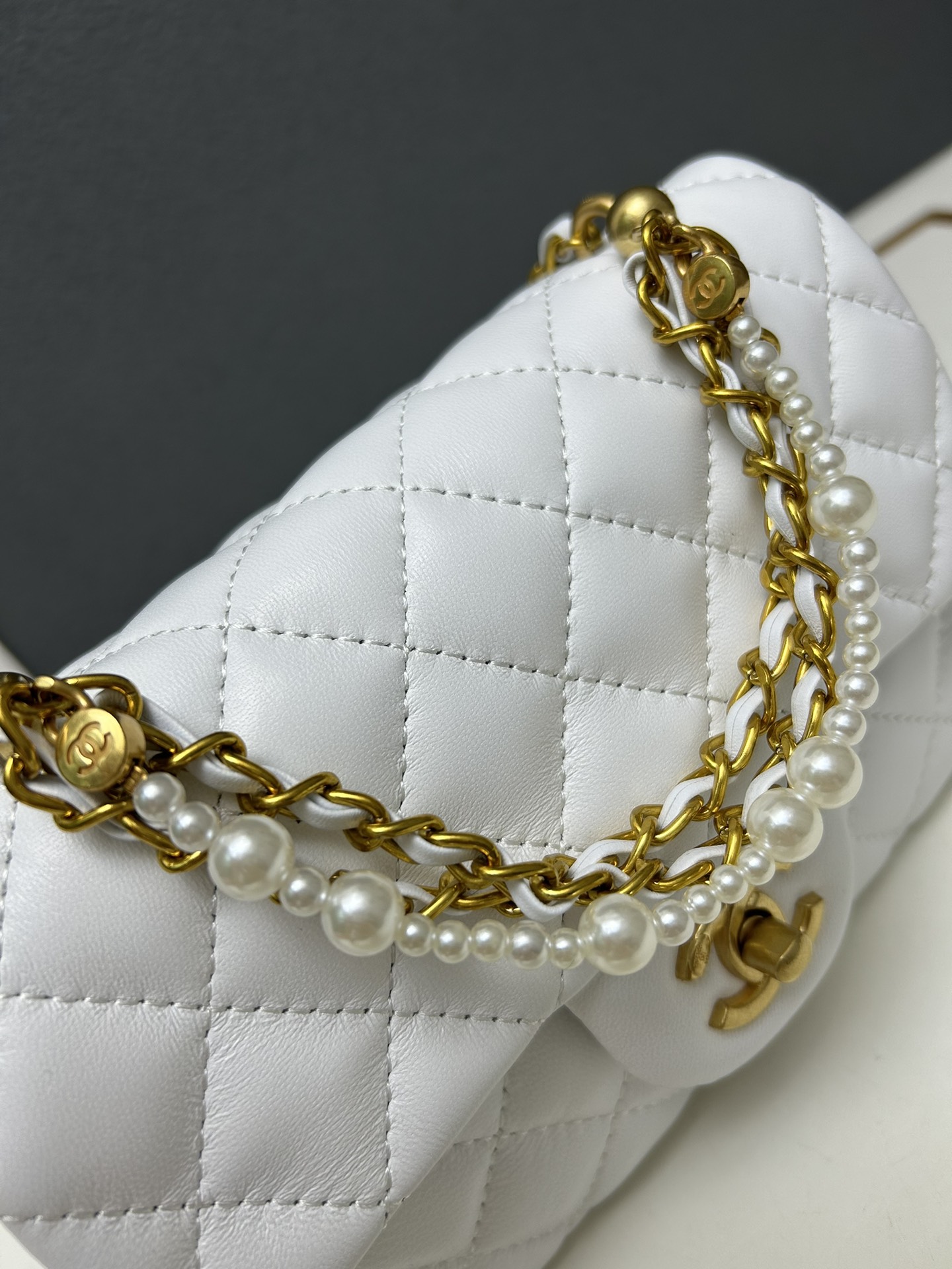 CC Inspired Mini Square Pearl Flap Bag White Leather Gold Hardware - Gorchic - $132.99