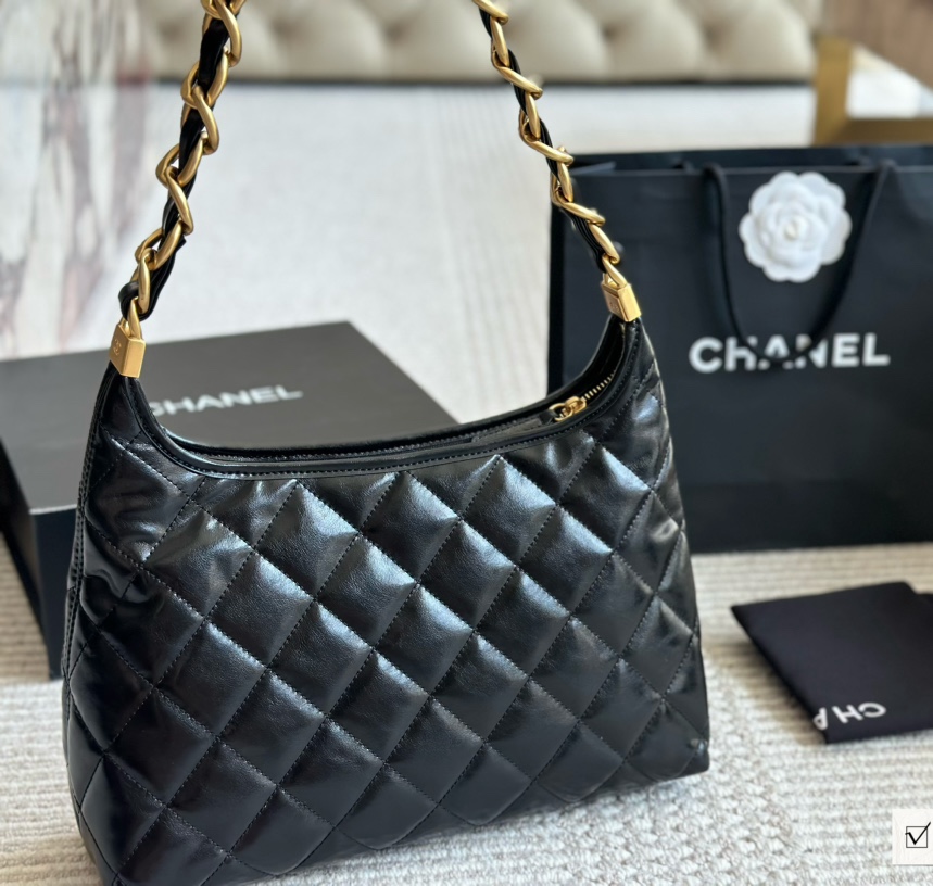 CC Inspired 24A hobo Bag Shiny Calfskin & Gold-Tone Metal Black - Bag - Gorchic - $124.99